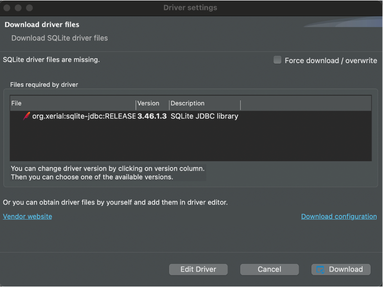 Downloading SQLite Driver File